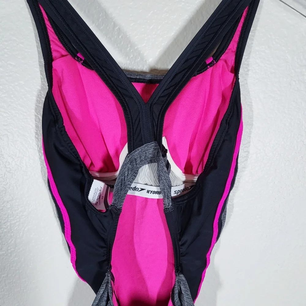 Speedo Quantum Splice One Piece Swimsuit Open Back Sporty Grey and Pink Size 10 - Picture 8 of 13